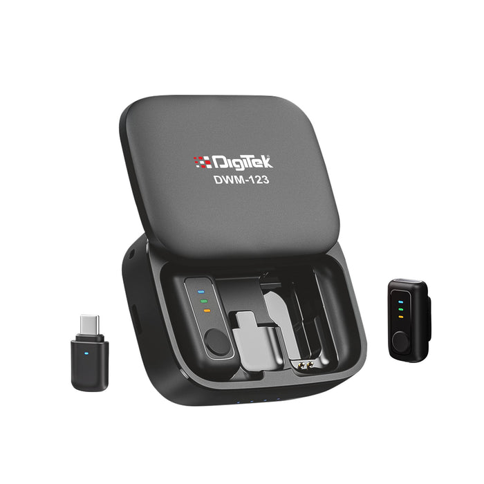 Digitek (DWM 123) 2-in-1 Wireless Microphone System with Charging Case & Magnetic Collar Clip, Type-C Receiver for iPhone 15 & Above, Android Phones, 60m Range, Build in Microphone, For Creators and Vloggers (Black)