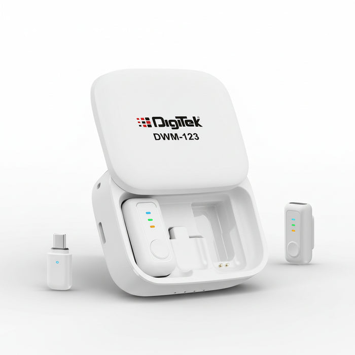 Digitek (DWM 123) 2-in-1 Wireless Microphone System with Charging Case & Magnetic Collar Clip, Type-C Receiver for iPhone 15 & Above, Android Phones, 60m Range, Build in Microphone, For Creators and Vloggers (White)