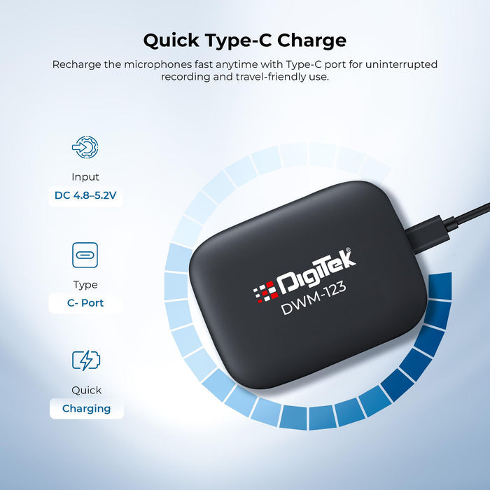 Digitek (DWM 123) 2-in-1 Wireless Microphone System with Charging Case & Magnetic Collar Clip, Type-C Receiver for iPhone 15 & Above, Android Phones, 60m Range, Build in Microphone, For Creators and Vloggers (Black)