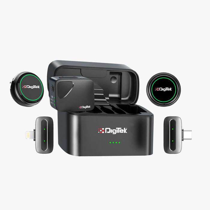 Digitek DWM 131 2-in-1 Wireless Microphone System with 2 Transmitters & 3 Receivers, 2.4GHz Wireless Mic for Camera, Smartphone & PC, ANC, 48kHz/24-bit Audio, Up to 1000ft Range, Plug & Play