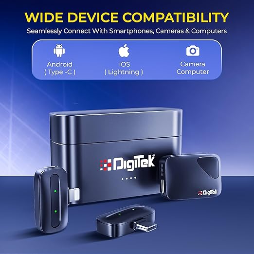 Digitek DWM 131 2-in-1 Wireless Microphone System with 2 Transmitters & 3 Receivers, 2.4GHz Wireless Mic for Camera, Smartphone & PC, ANC, 48kHz/24-bit Audio, Up to 1000ft Range, Plug & Play