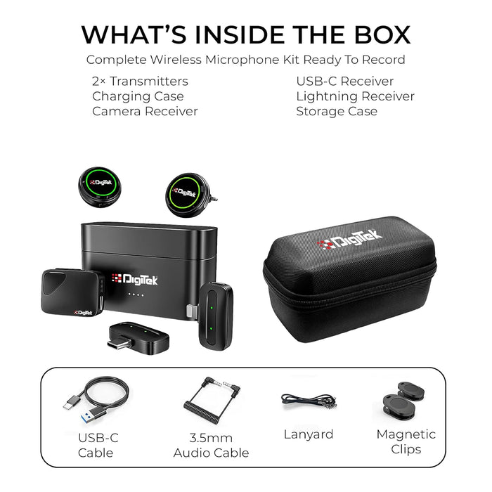 Digitek DWM 131 2-in-1 Wireless Microphone System with 2 Transmitters & 3 Receivers, 2.4GHz Wireless Mic for Camera, Smartphone & PC, ANC, 48kHz/24-bit Audio, Up to 1000ft Range, Plug & Play