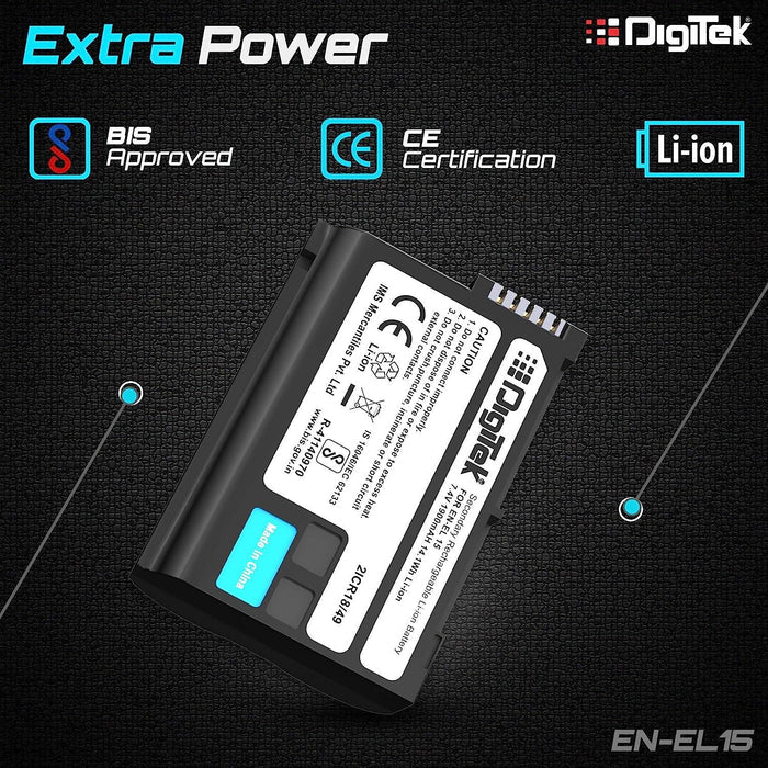 Digitek (EN-EL15) 1900mAh Secondary Rechargeable Battery Packs for Digital Camera EN-EL15, Compatibility - D7000, D7100, D7200, D850, D750, D810, D500, D600, D610, D7500, D800, D800E, & V1 - Digitek