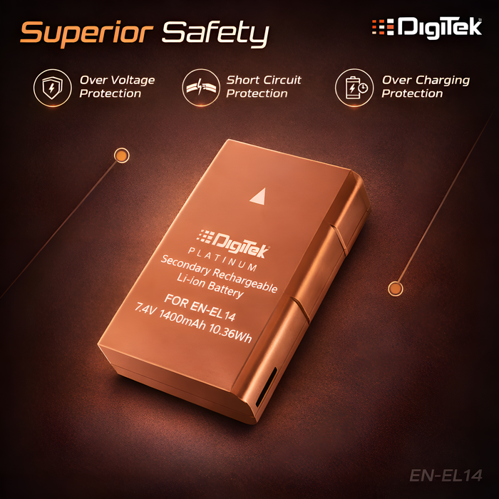 Digitek (ENEL14 Platinum) 1400 mAh Secondary Rechargeable Battery Packs for Digital Camera . Compatiable With Nikon D3100 D3200 D3300 D3400 D3500 D5100 D5200 D5300 D5500 D5600 & COOLPIX P7000 P7100 P7700 & P7800.