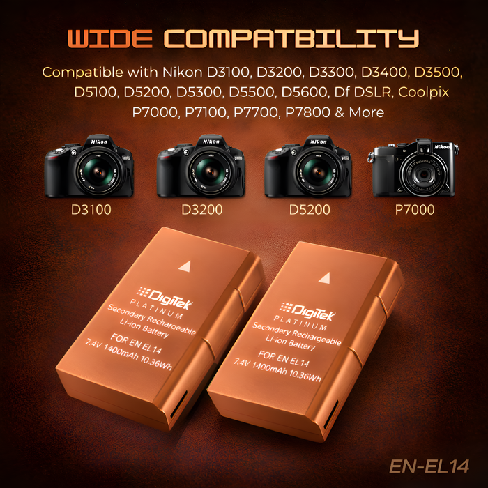 Digitek (ENEL14 Platinum) 1400 mAh Secondary Rechargeable Battery Packs for Digital Camera . Compatiable With Nikon D3100 D3200 D3300 D3400 D3500 D5100 D5200 D5300 D5500 D5600 & COOLPIX P7000 P7100 P7700 & P7800.