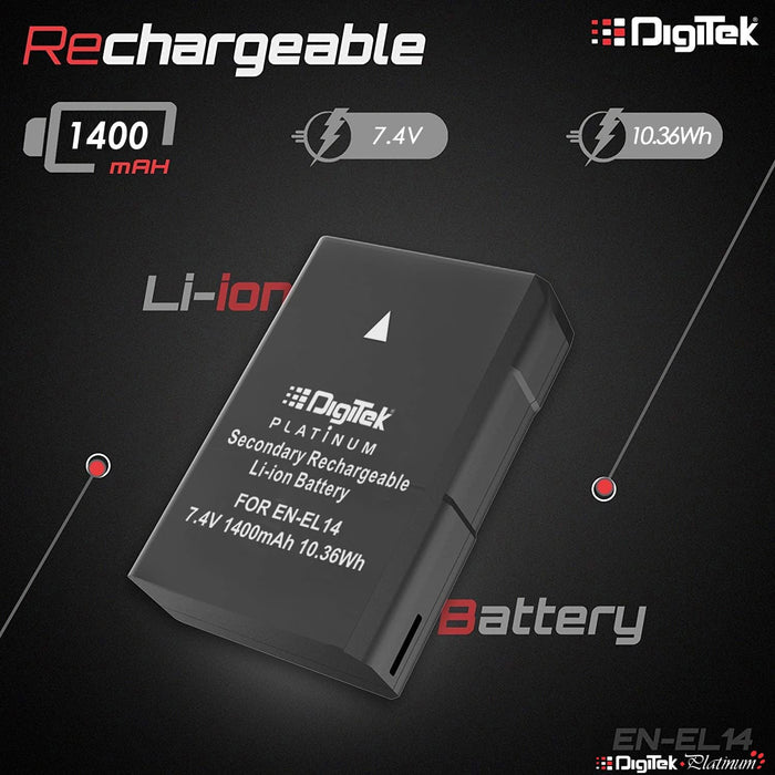 Digitek (ENEL14 Platinum) 1400 mAh Secondary Rechargeable Battery Packs for Digital Camera . Compatiable With Nikon D3100 D3200 D3300 D3400 D3500 D5100 D5200 D5300 D5500 D5600 & COOLPIX P7000 P7100 P7700 & P7800.