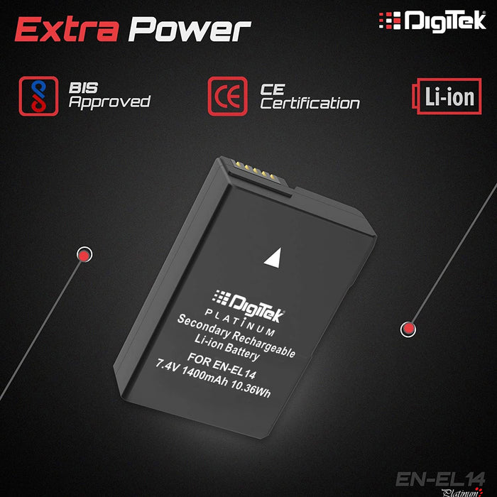 Digitek (ENEL14 Platinum) 1400 mAh Secondary Rechargeable Battery Packs for Digital Camera . Compatiable With Nikon D3100 D3200 D3300 D3400 D3500 D5100 D5200 D5300 D5500 D5600 & COOLPIX P7000 P7100 P7700 & P7800. - Digitek