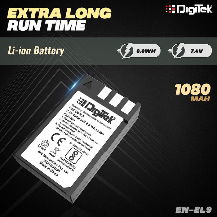 Digitek (ENEL9) 1080 mAh Secondary Rechargeable Battery Packs for Digital Camera, Compatibility - D3000, D5000, D40, D50, D60, D6R1, D3X, D40X, SLR - Digitek