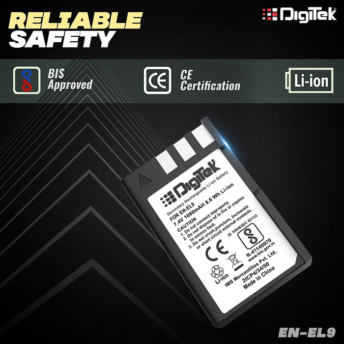 Digitek (ENEL9) 1080 mAh Secondary Rechargeable Battery Packs for Digital Camera, Compatibility - D3000, D5000, D40, D50, D60, D6R1, D3X, D40X, SLR - Digitek