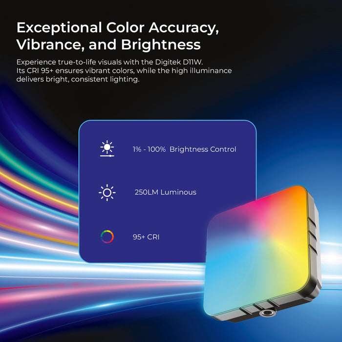 Digitek (LED D11W RGB) 11W Portable Mini RGB LED Video Light with 2000mAh Battery, 21 Lighting Effects, 2500K–9900K CCT, HSI 0–360°, 120° Beam, CRI <95, 1/4" Mount, For Photography & Videography