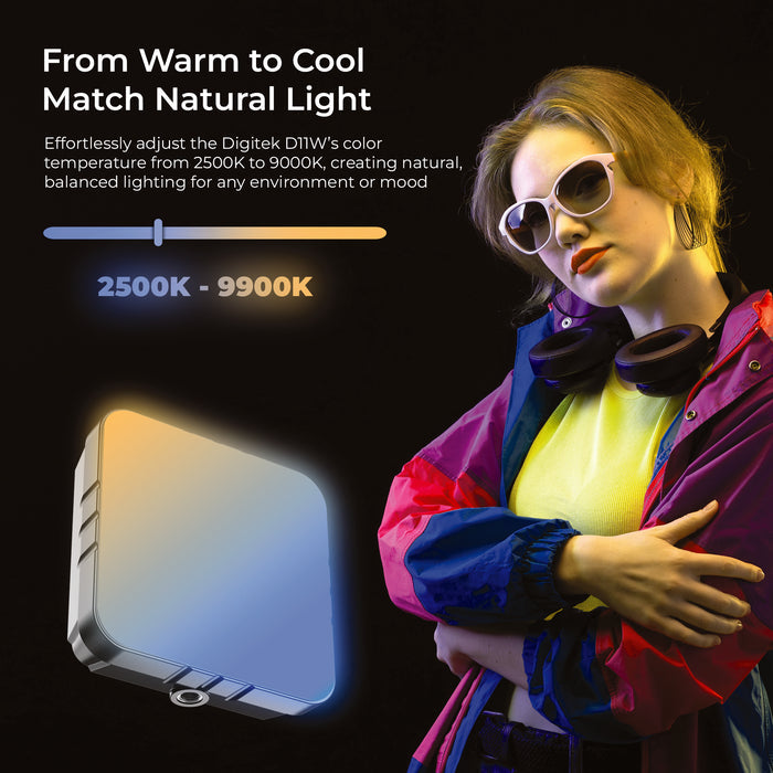 Digitek (LED D11W RGB) 11W Portable Mini RGB LED Video Light with 2000mAh Battery, 21 Lighting Effects, 2500K–9900K CCT, HSI 0–360°, 120° Beam, CRI <95, 1/4" Mount, For Photography & Videography