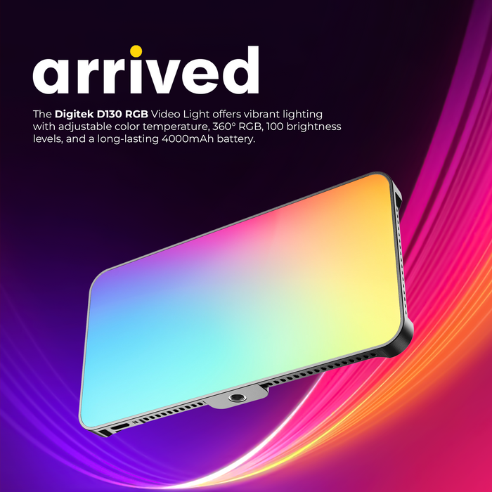 Digitek (LED D130 RGB) 12W Portable Video LED Light, 130pcs LED with 2500K±9900K, Built-in 4000mAh Battery, 21 FX Modes, HSI 360°, 0-100% Brightness Control, 1/4" Screw Mount, For Photo & Videography