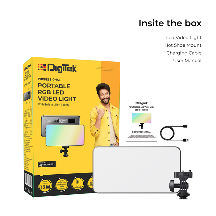 Digitek (LED D130 RGB) 12W Portable Video LED Light, 130pcs LED with 2500K±9900K, Built-in 4000mAh Battery, 21 FX Modes, HSI 360°, 0-100% Brightness Control, 1/4" Screw Mount, For Photo & Videography