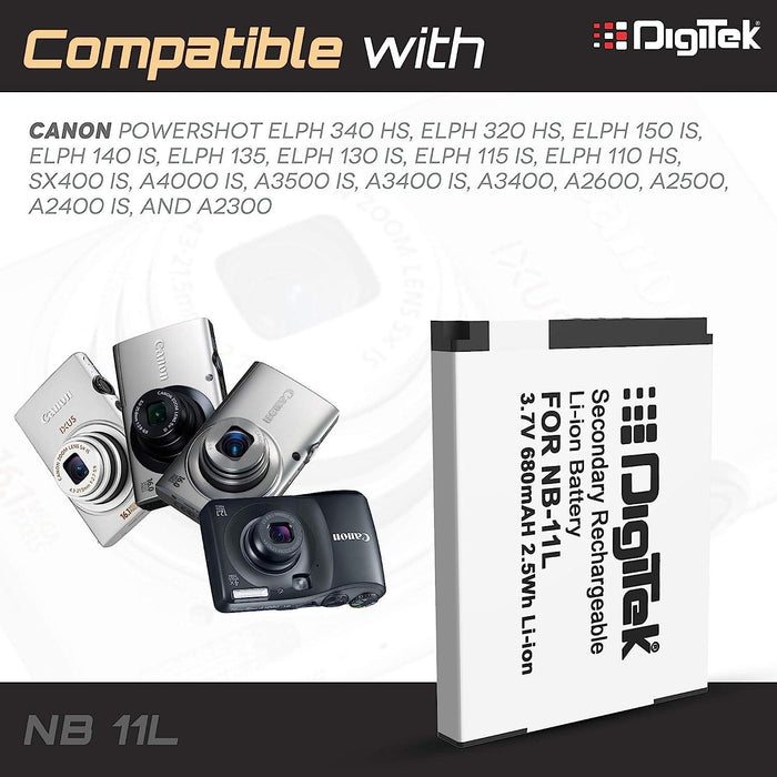 Digitek (NB-11L) Lithium-ion Rechargeable Battery for DSLR Camera, Compatibility - IXUS 125HS, 240HS, Powershot A1200, A2200, A2300, A2400, A3200, A3300 is, A3400 is (NB-11L) - Digitek