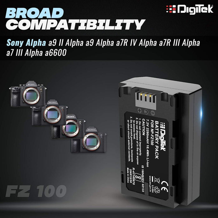 Digitek (NP-FZ100) Lithium-ion Rechargeable Battery for Sony Digital Camera | Compatibility - for PD-150, 150P, 170, 170P, TR1, 200, 300 - Digitek