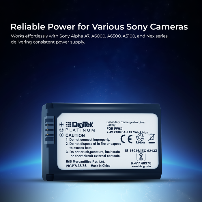 Digitek (Platinum FW-50) Platinum Lithium-ion Rechargeable Battery for Sony DSLR Camera | Compatibility - Alpha NEX-3, 5, 6 and 7 Series Cameras, DSLR-SLT-A33, DSLR-SLT-A55