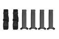 Set of 5 black plastic magazine holders with adjustable straps for secure storage.