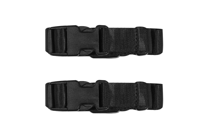 Durable black nylon straps with plastic clips for secure fastening, ideal for various outdoor uses.