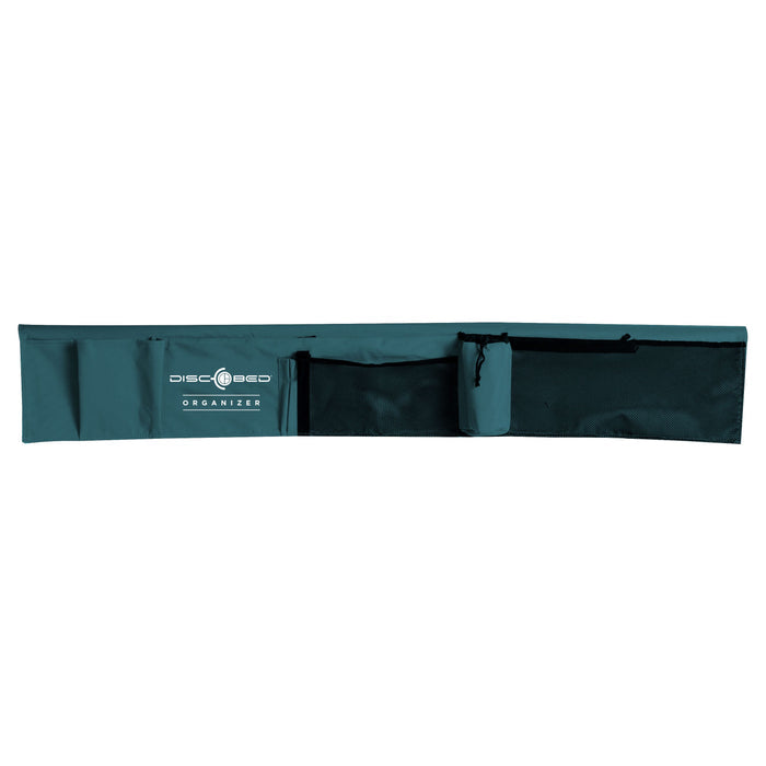 Disc-O-Bed organizer in teal, durable fabric with multiple pockets for efficient storage and organization.