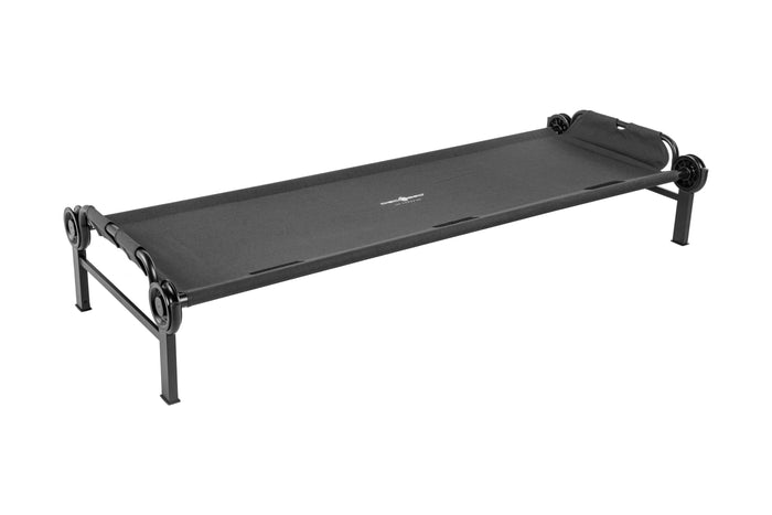 Black portable camping cot with sturdy steel frame and comfortable fabric sleep surface.