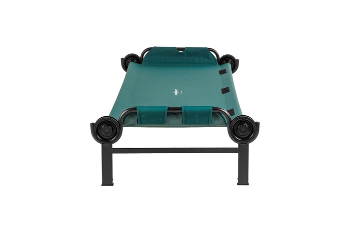 Durable foldable camping cot in teal color with black metal frame and wheels for easy transport.