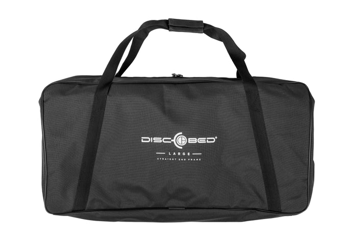 Large black storage bag from Disc-O-Bed with sturdy handles for easy transport and storage.