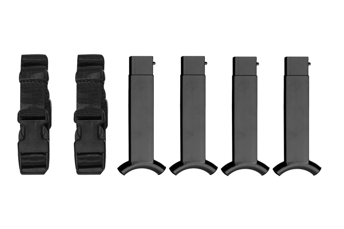 Set of 4 black magazine pouches with adjustable straps for secure attachment and easy access.
