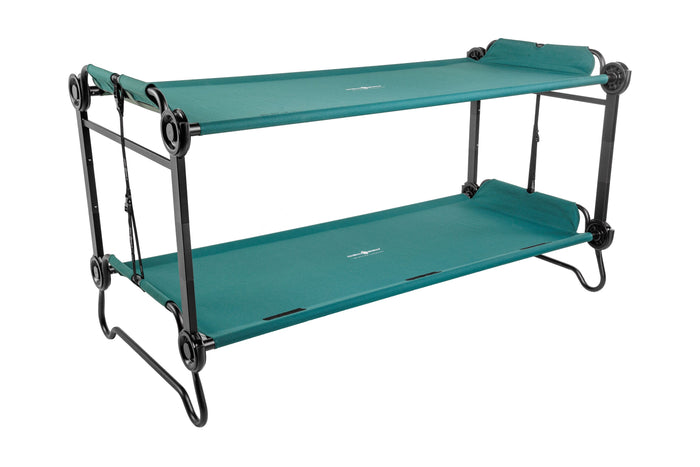 Two-tiered camping cot in teal, made of durable fabric and metal frame for extra support and comfort.