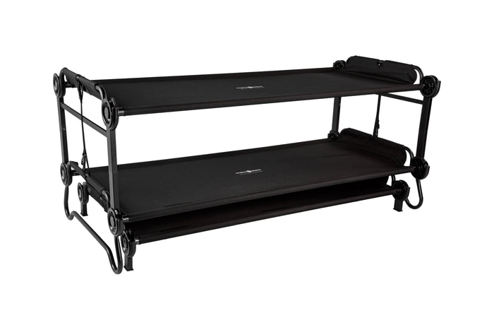 Black double-tier pet cot made of durable fabric and metal frame for elevated pet comfort.