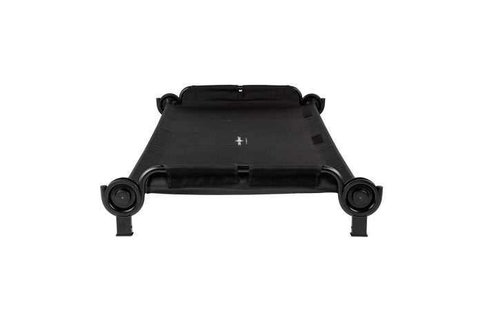Black folding cot with sturdy metal frame and durable fabric for camping or guest use.