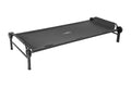 Durable black camping cot with a sturdy metal frame and comfortable fabric surface for outdoor use.