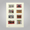Illustrations of various pubs on a beige background