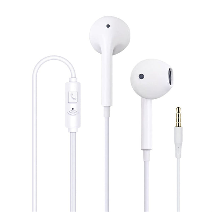 White 9eight5 earphones with in-ear design and tangle-free cable, available in five colors for phones and tablets.