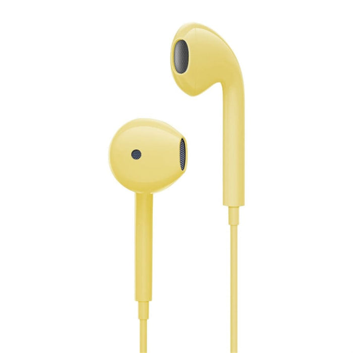 White 9eight5 earphones for phone and tablet accessories, available in five vibrant colors, shown with inline wire and earbuds.