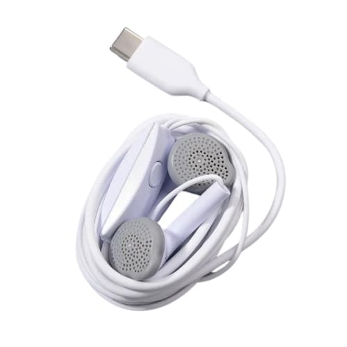 White 9eight5 Type C earphones with in-ear design, ideal for electronic accessories and device connectivity.