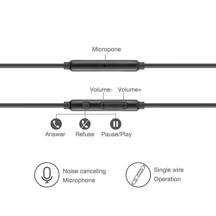 Wired earphones from 9eight5 with black earbuds and cord, designed for phones and tablets, shown resting on a wooden surface.