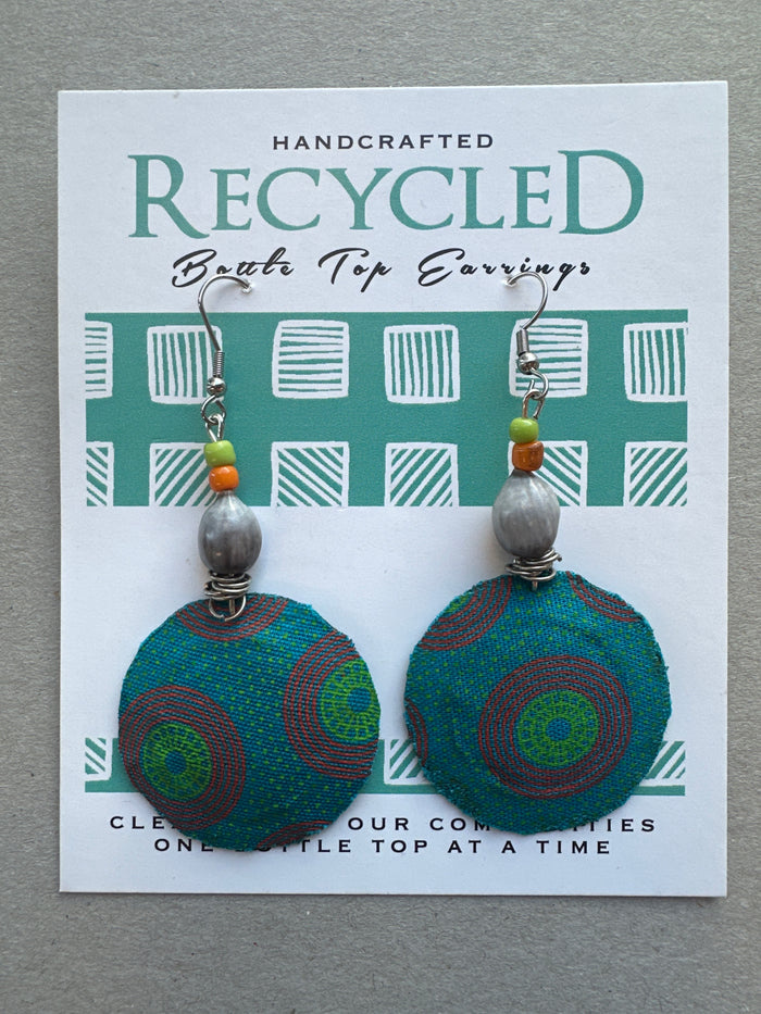 fabric covered earrings made from bottle tops