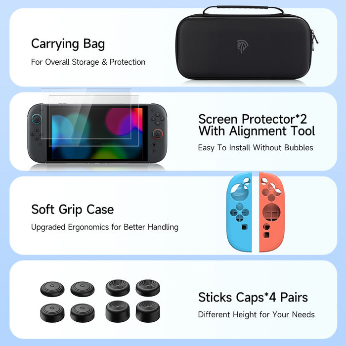 EasySMX® 4-in-1 Bundle: Carrying Bag, Screen Protector, Sticks Caps, Joy-Con Cover for Switch 2