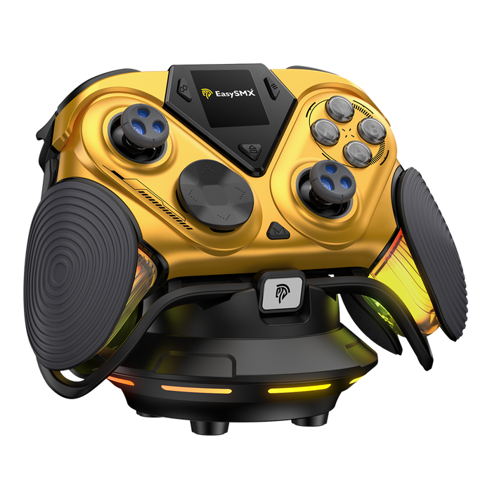 Gold EasySMX Dune 8K wireless PC gaming controller with smart display, TMR joysticks and RGB dock