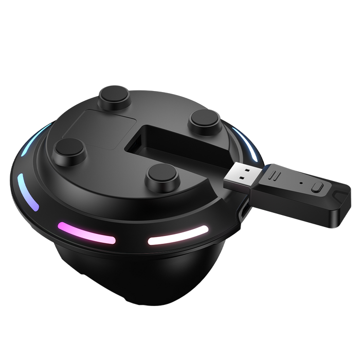 Black wireless gaming controller charging dock with RGB light strips and USB dongle