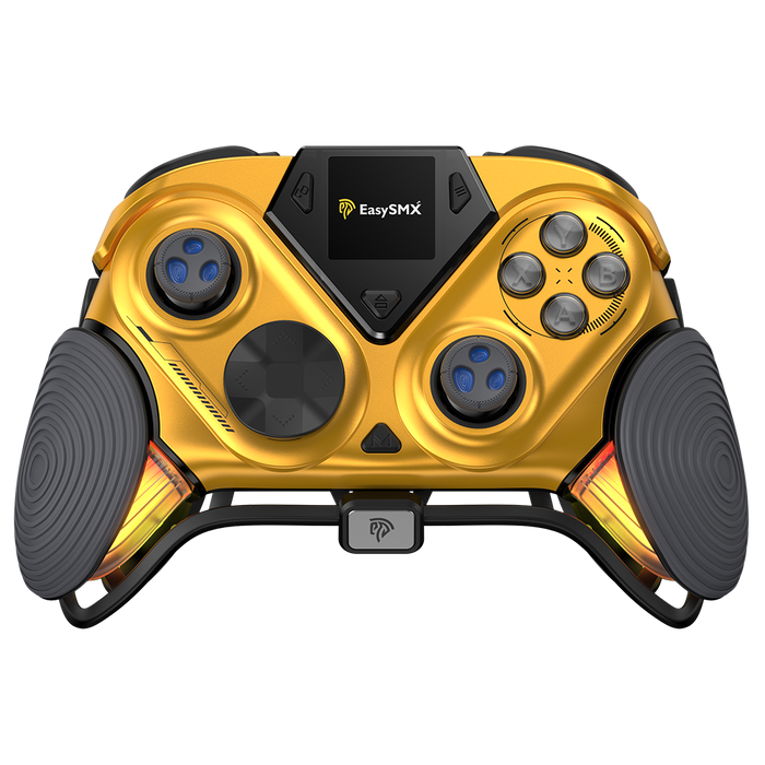 EasySMX Dune 8K wireless PC gaming controller in gold and black with TMR joysticks, smart display, and RGB grips