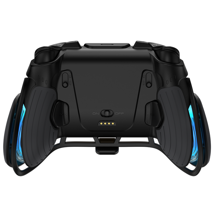 Black EasySMX Dune 8K wireless gaming controller back view with programmable buttons and blue RGB grips