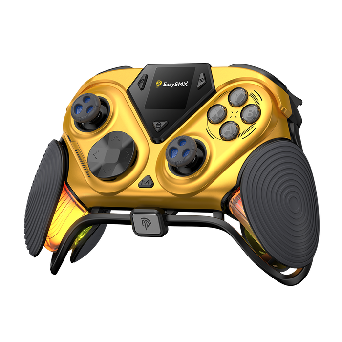 EasySMX Dune 8K wireless PC gaming controller with gold finish, black grips, smart display and back buttons