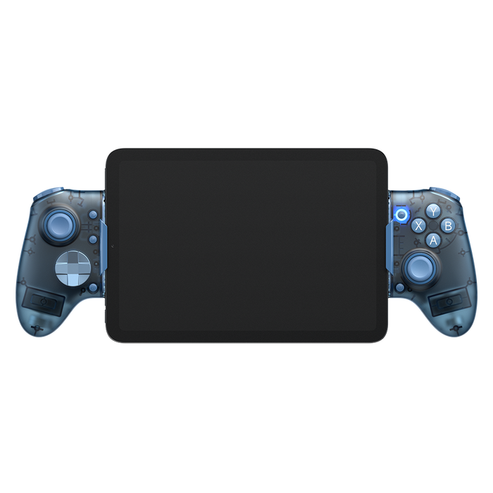 EasySMX M20 Bluetooth mobile gaming controller with blue grips holding a tablet
