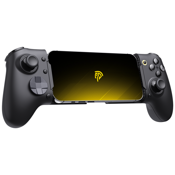 Black EasySMX M20 mobile gaming controller with rotating ABXY layout and phone mounted