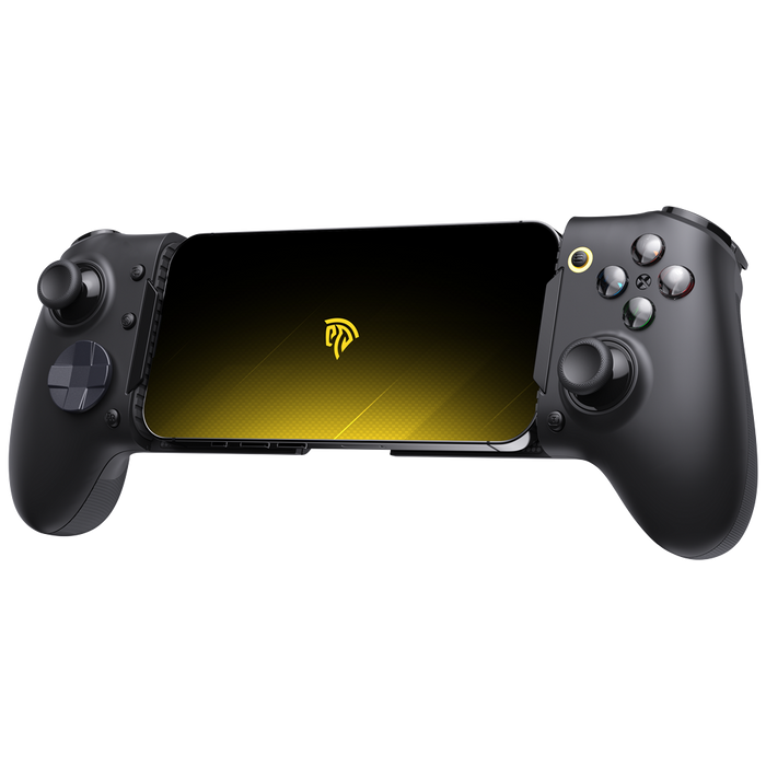 Black EasySMX M20 mobile gaming controller with smartphone mounted in center
