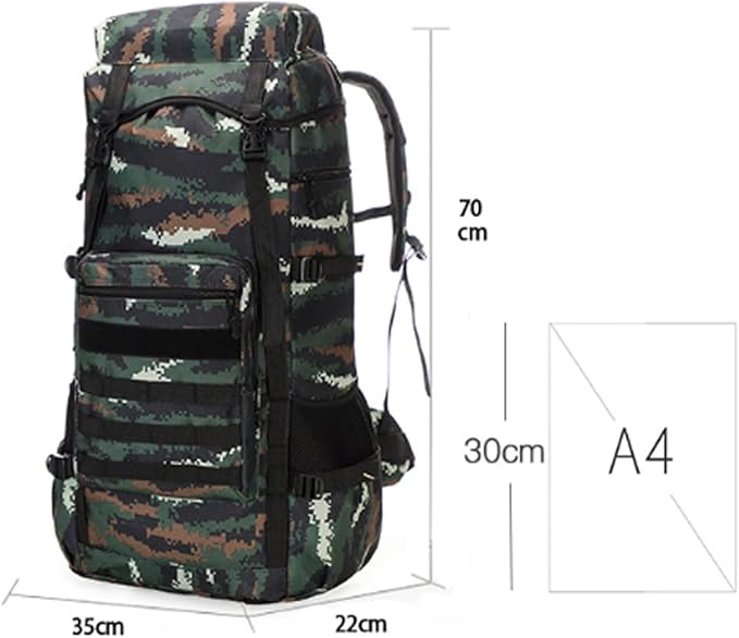 ECOTREK 70L military backpack with multiple compartments and durable straps, ideal for camping, hiking, and travel adventures.
