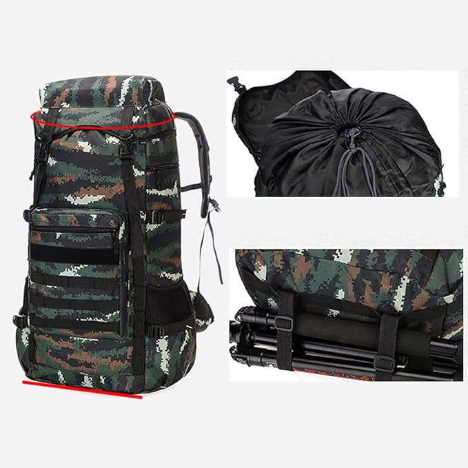 ECOTREK 70L military backpack with multiple compartments, adjustable straps, and rugged design for camping, hiking, and travel.