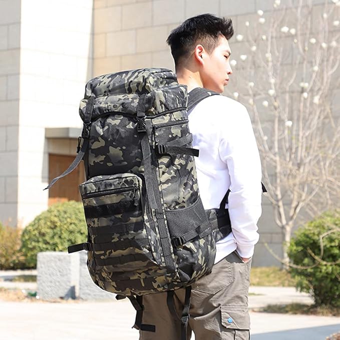 ECOTREK 70L military backpack with multiple compartments, designed for tactical camping, hiking, and travel adventures.