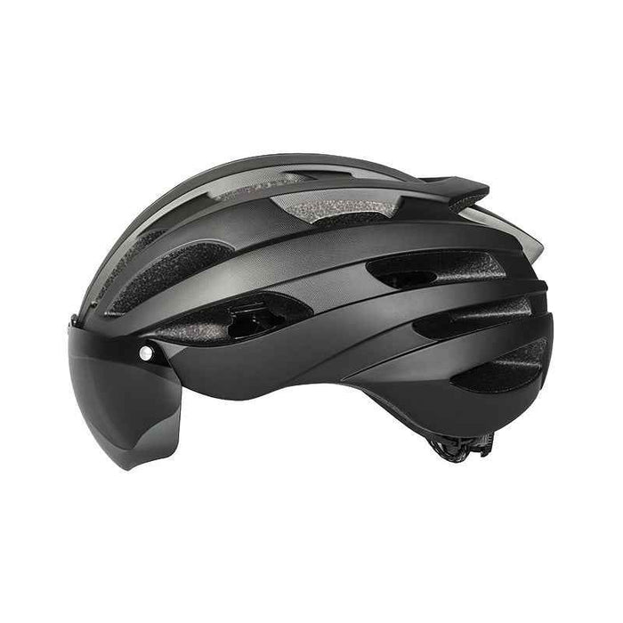 ECOTREK adult bicycle helmet with adjustable fit and removable goggles, shown in a sleek design suitable for cycling safety.